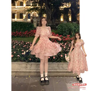 荷叶边连衣裙 微胖大码 安妮不火 玫瑰碎花裙子女收腰2023春夏新款