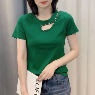 欧货漏洞钉珠T恤女2021夏季修身显瘦短袖体恤露肩上衣女打底衫潮