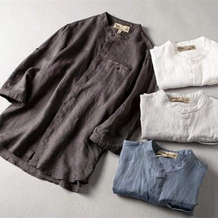 立领衬衫 复古中国风亚麻速干透气凉爽面料纯色七分袖 男士 2021夏季