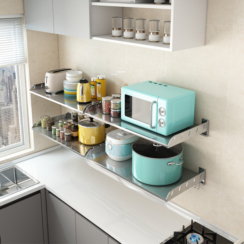 不锈钢免打孔厨房微波炉置物架壁挂式墙上电饭锅调料品收纳层架子