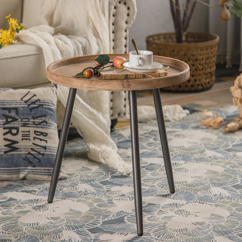 美式个性木质铁艺家用中古小茶几实用极简客厅实木花架圆形置物桌