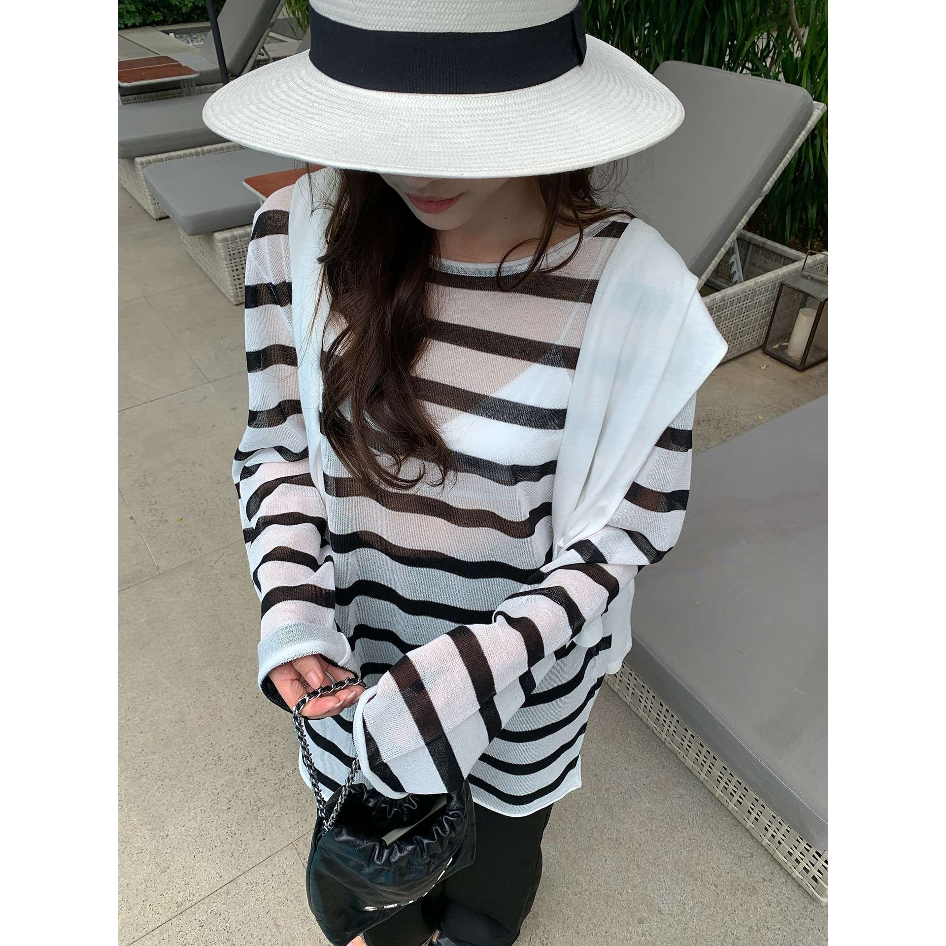 趋梦DT ETOLIE慵懒透视防晒罩衫女休闲宽松条纹针织衫女长袖上衣