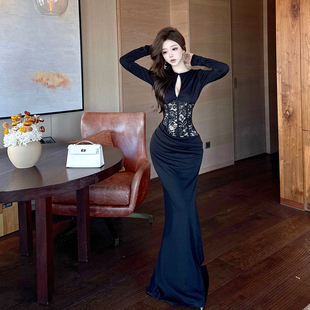 御姐风高级感镂空蕾丝拼接修身 包臀长裙女纯欲辣妹性感气质连衣裙