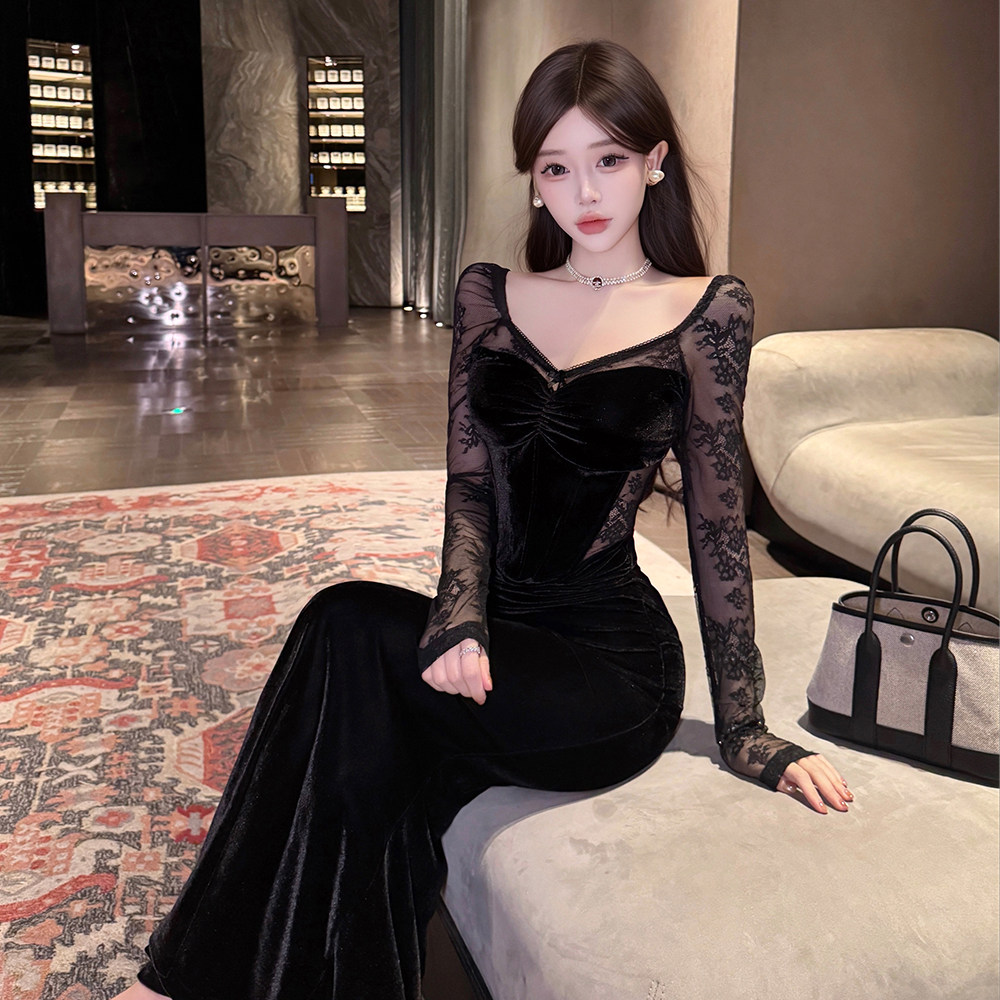 法式纯欲性感蕾丝拼接鱼骨丝绒连衣裙女圣诞氛围气质包臀礼服长裙,女装/女士精品,连衣裙,淘宝优惠券,粉丝福利购,淘宝优惠卷