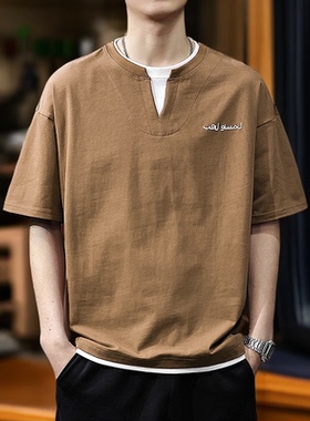 2026夏季新款红色高级感短袖t恤男假两件半袖V领体恤宽松纯棉上衣