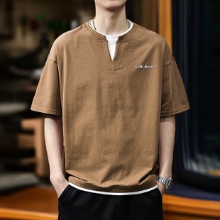 2026夏季新款红色高级感短袖t恤男假两件半袖V领体恤宽松纯棉上衣