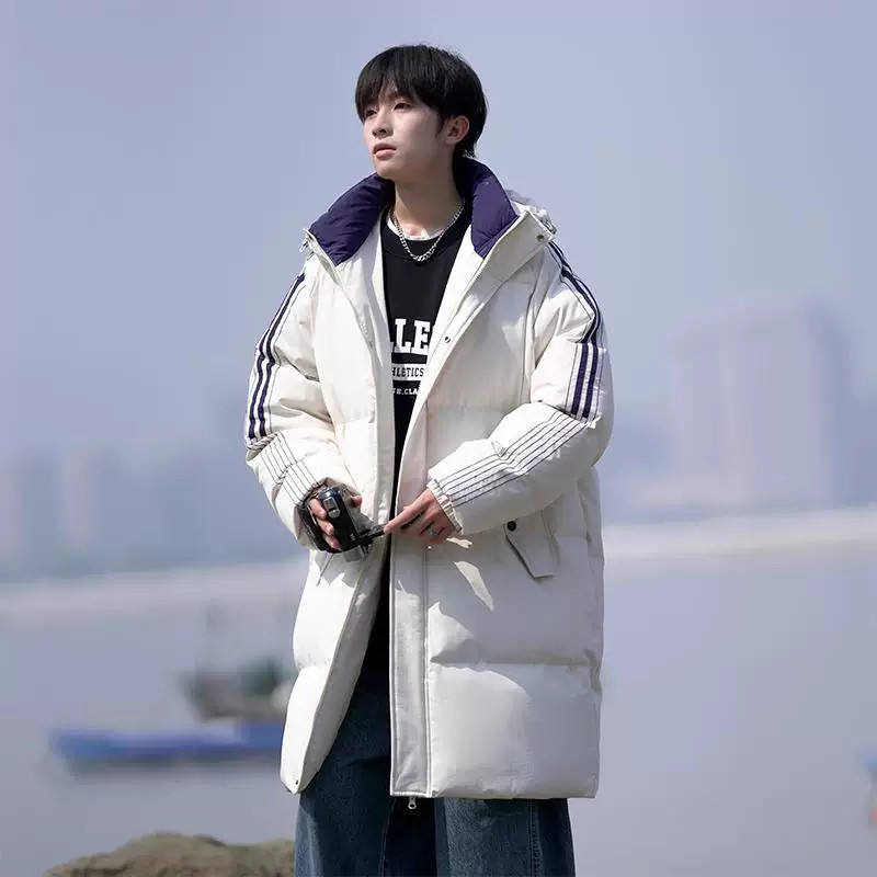 中长款羽绒棉服男冬季新款加厚保暖条纹棉衣潮牌休闲连帽棉袄外套