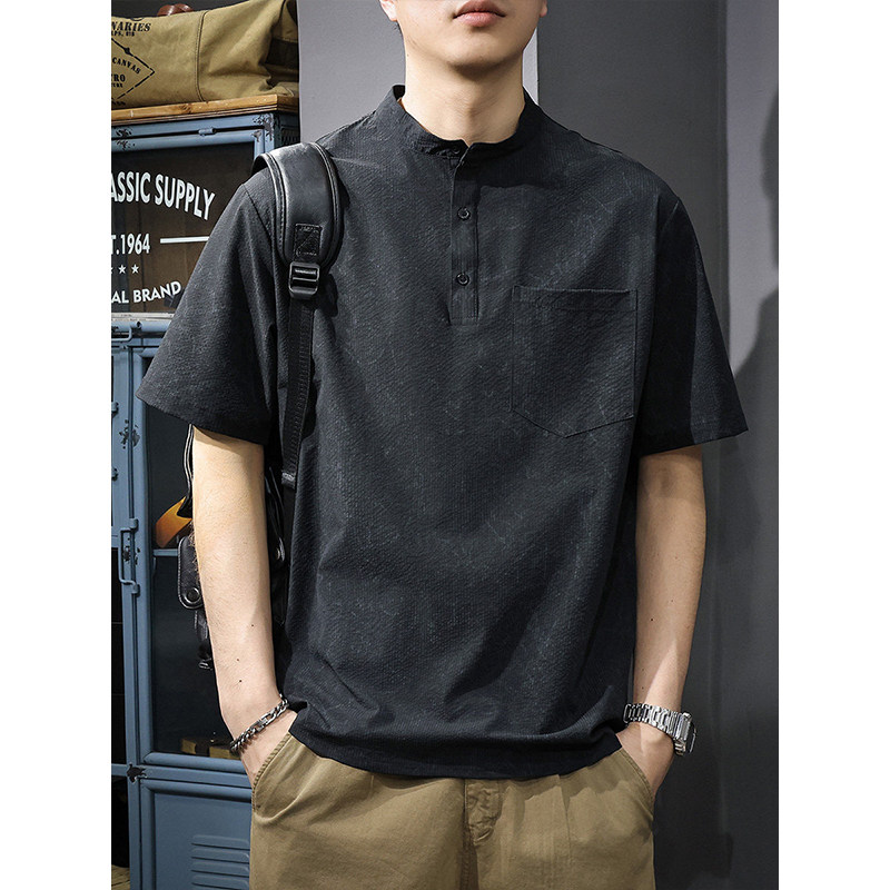 220G美式重磅亨利领短袖t恤男士polo衫宽松透气凉感半袖立领体恤