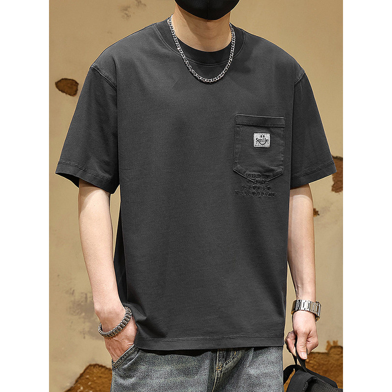 高端美式纯棉重磅石磨水洗短袖T恤男士夏季新款宽松大码体恤上衣