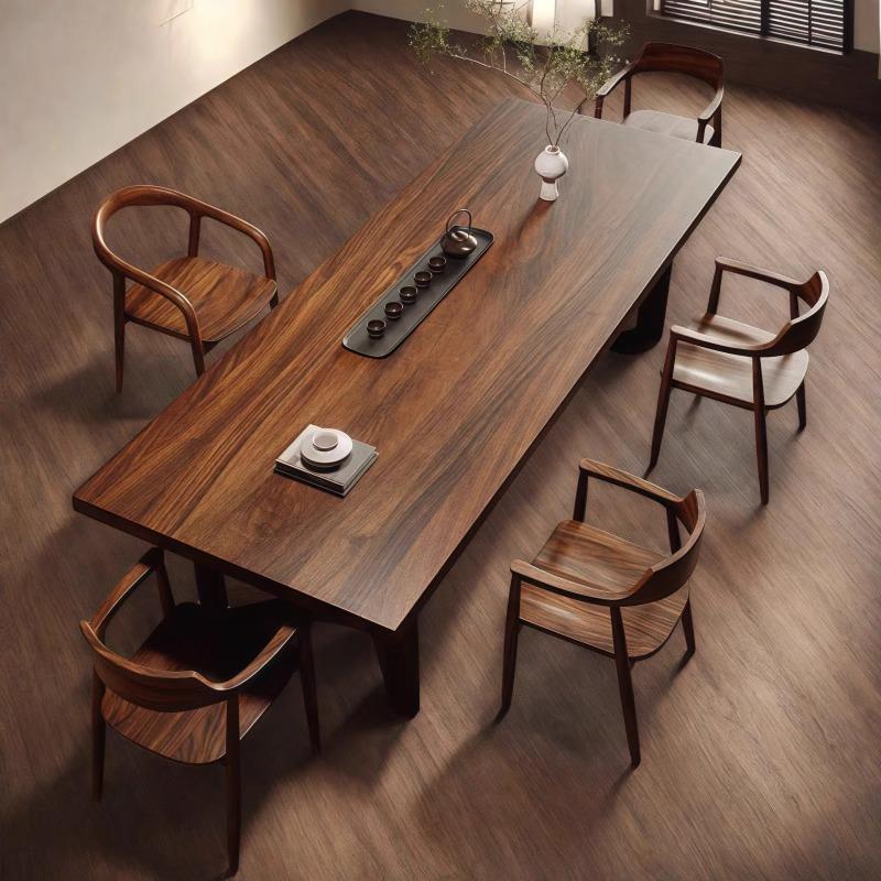 高档南美胡桃木茶桌实木新中式茶台家用客厅原木大板泡茶桌椅组合