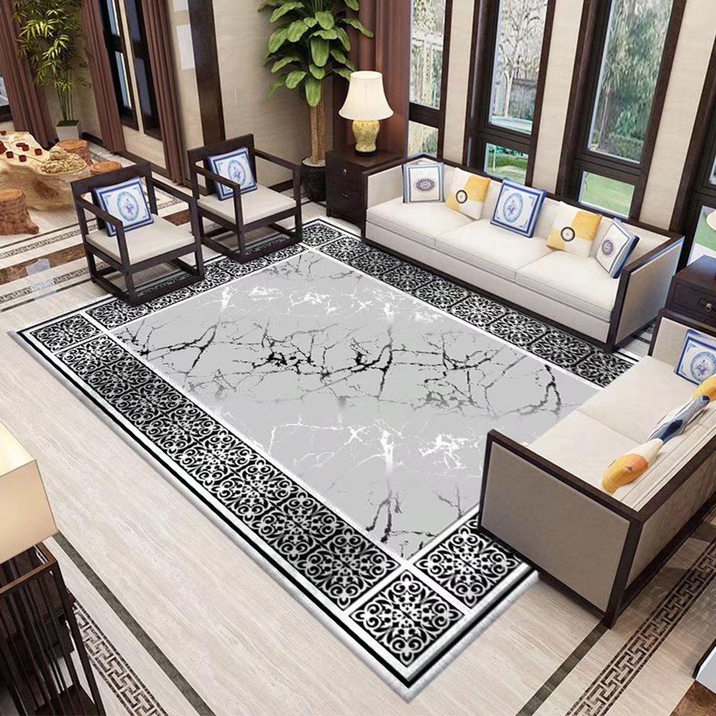 金钻绒地毯客厅茶几毯大理石图案异形轻奢高级不规则床边毯防滑垫