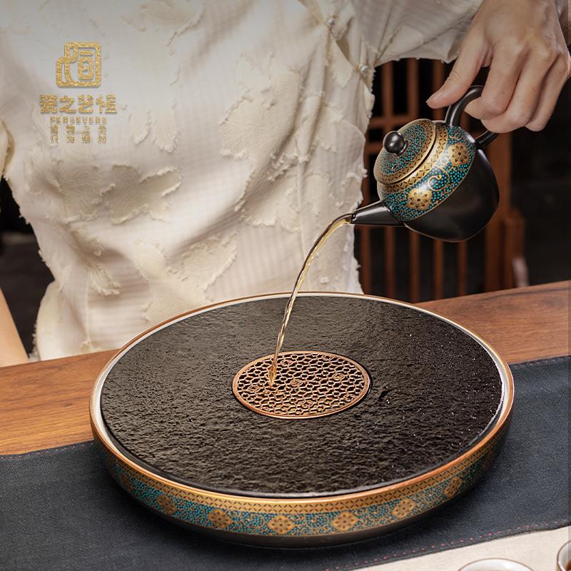 乌金石茶盘家用储水茶台简约功夫茶具托盘陶瓷干泡台圆形石头茶海
