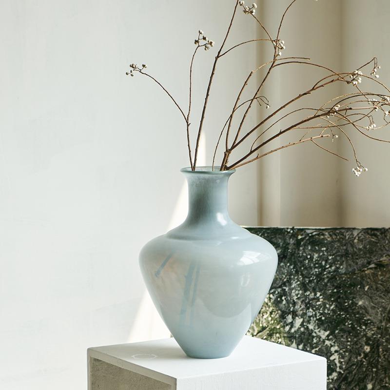 复古简约烟灰落地大件吊钟玻璃花手工艺术大肚子木样板房花瓶