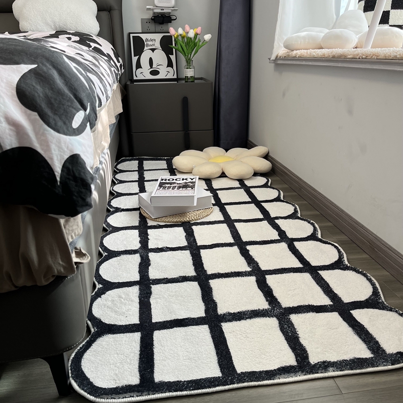 床边地毯卧室仿羊绒黑白几何床边毯床前地毯黑白简约风格加厚家用