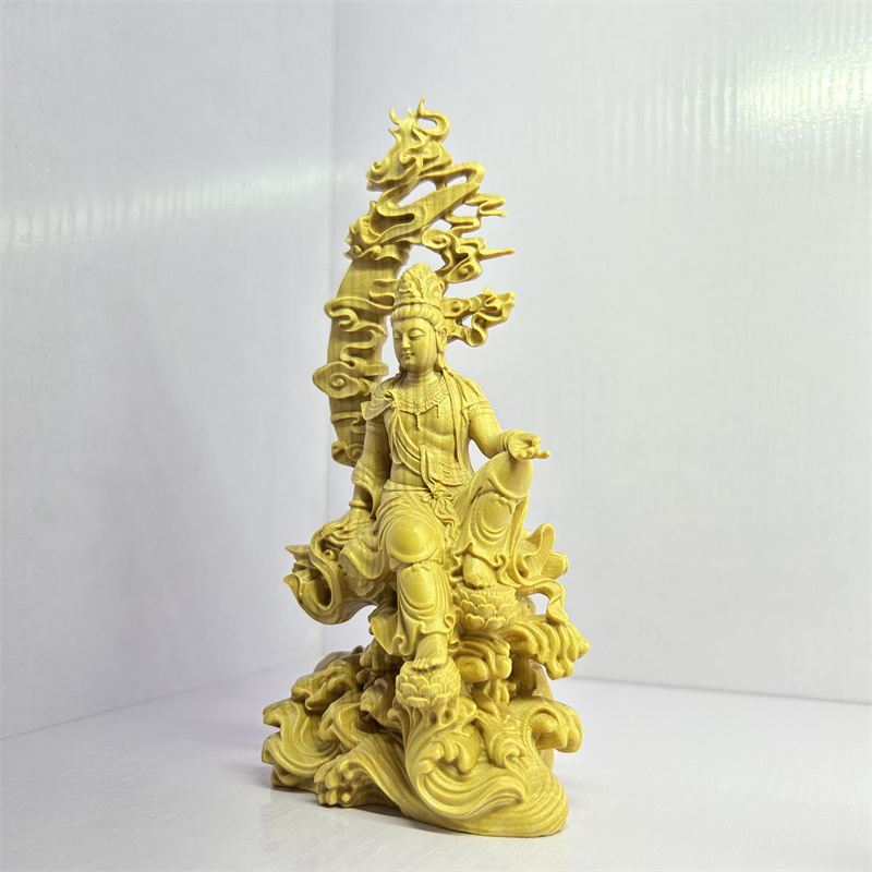 小叶黄杨木雕水月自在观音佛像禅意中式客厅玄关摆件观世音菩萨像
