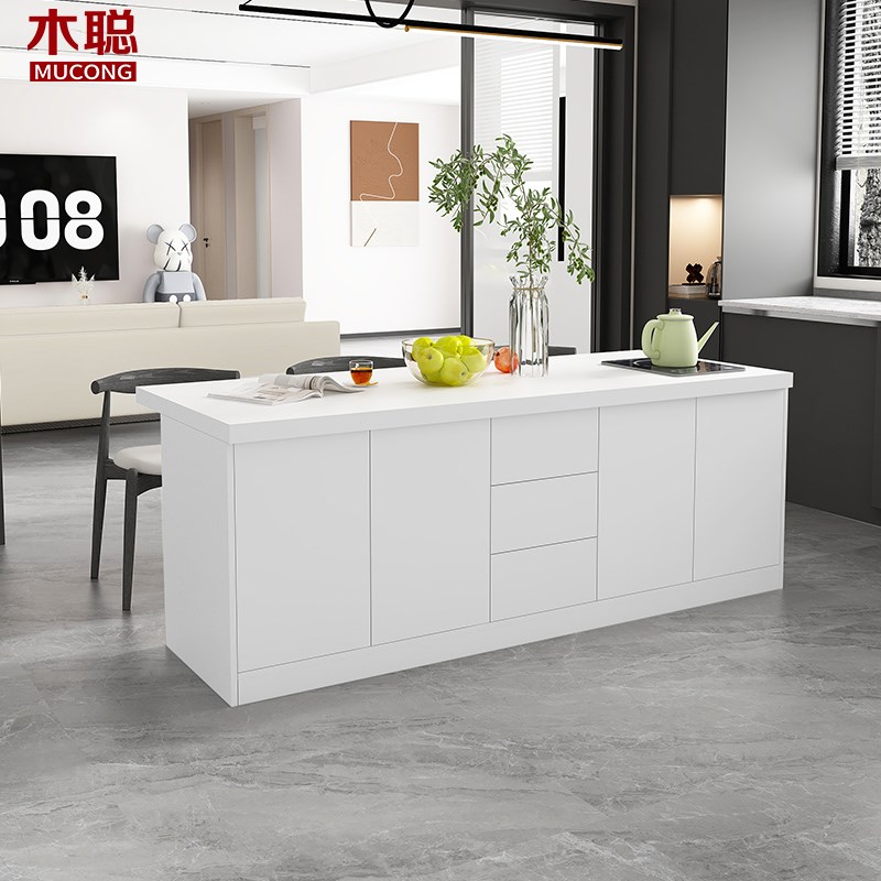 奶油风岩板餐桌岛台一体开放式吧台长方形家用料理台小户型8E50