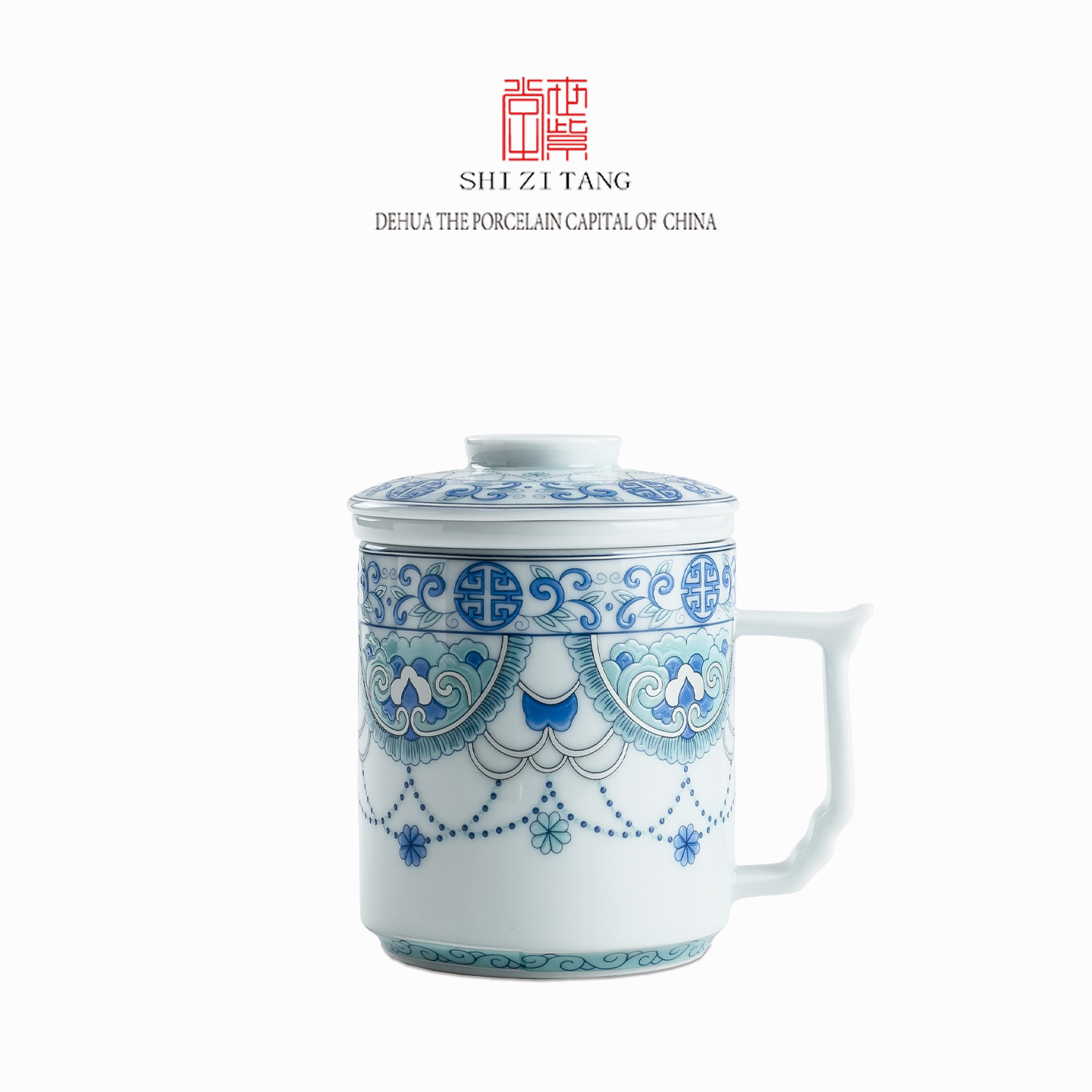 世紫堂青花瓷办公杯陶瓷茶杯中式古典带盖子过滤泡茶杯水杯会议杯