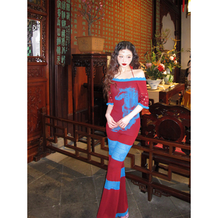 原创红色一字肩提花长款 马 鱼尾连衣裙 2026SS 脊枝cidhiidhi