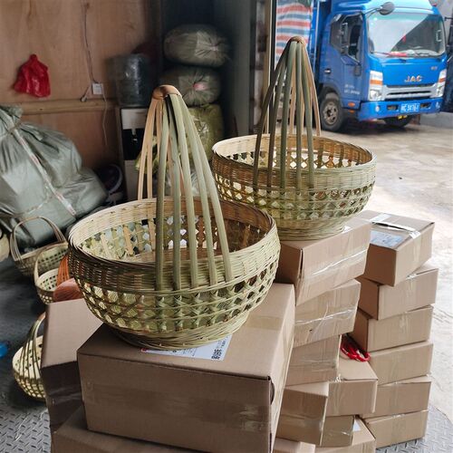 竹编提篮家用圆形买菜篮大号镂空篮手工编织拜神篮竹制品采摘竹篮