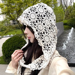 森系手工钩针包头帽镂空多用披肩帽子旅游拍照出片套头帽针织 法式