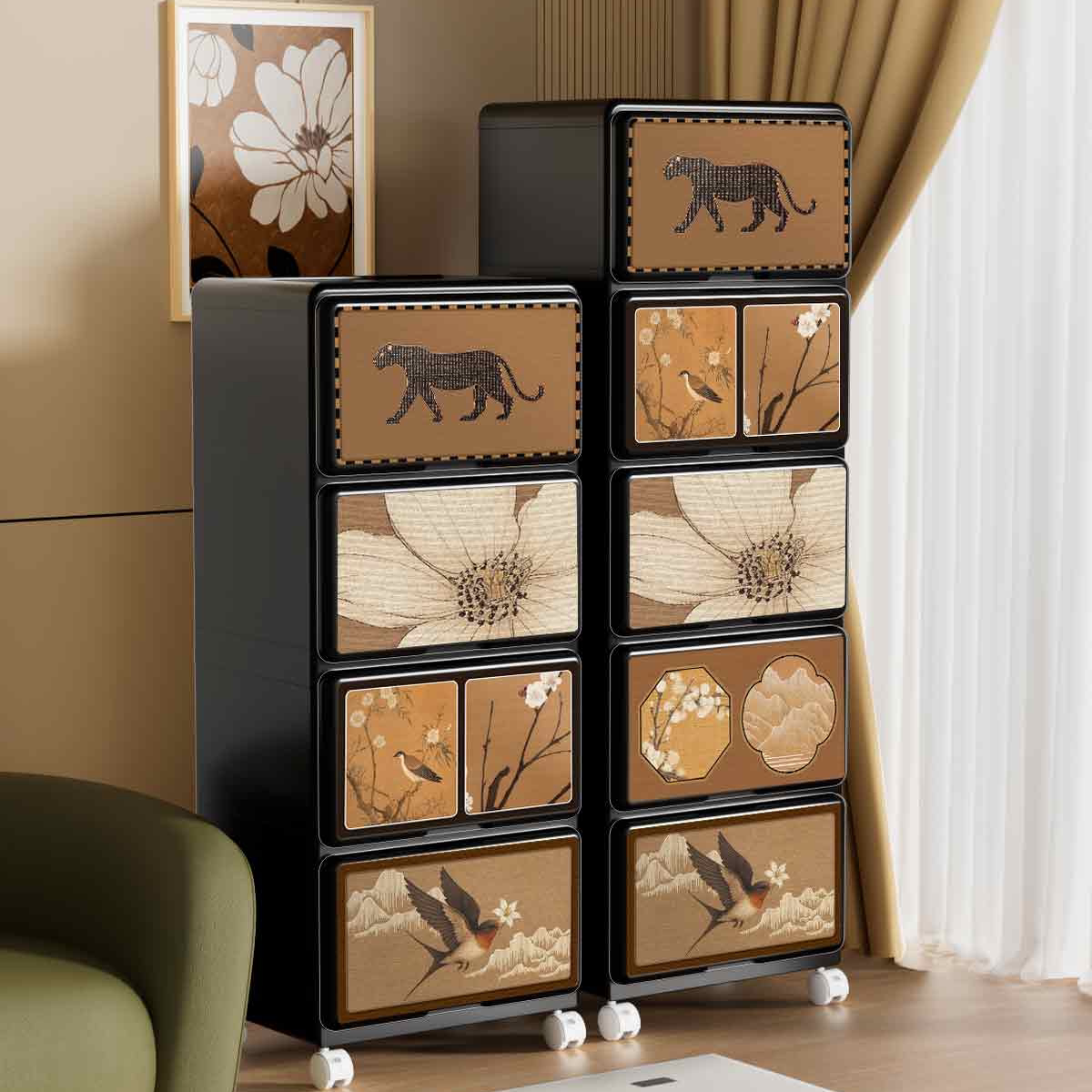 中古风卧式衣物收纳柜客厅防尘落地多层玩具杂物日常家用储物柜