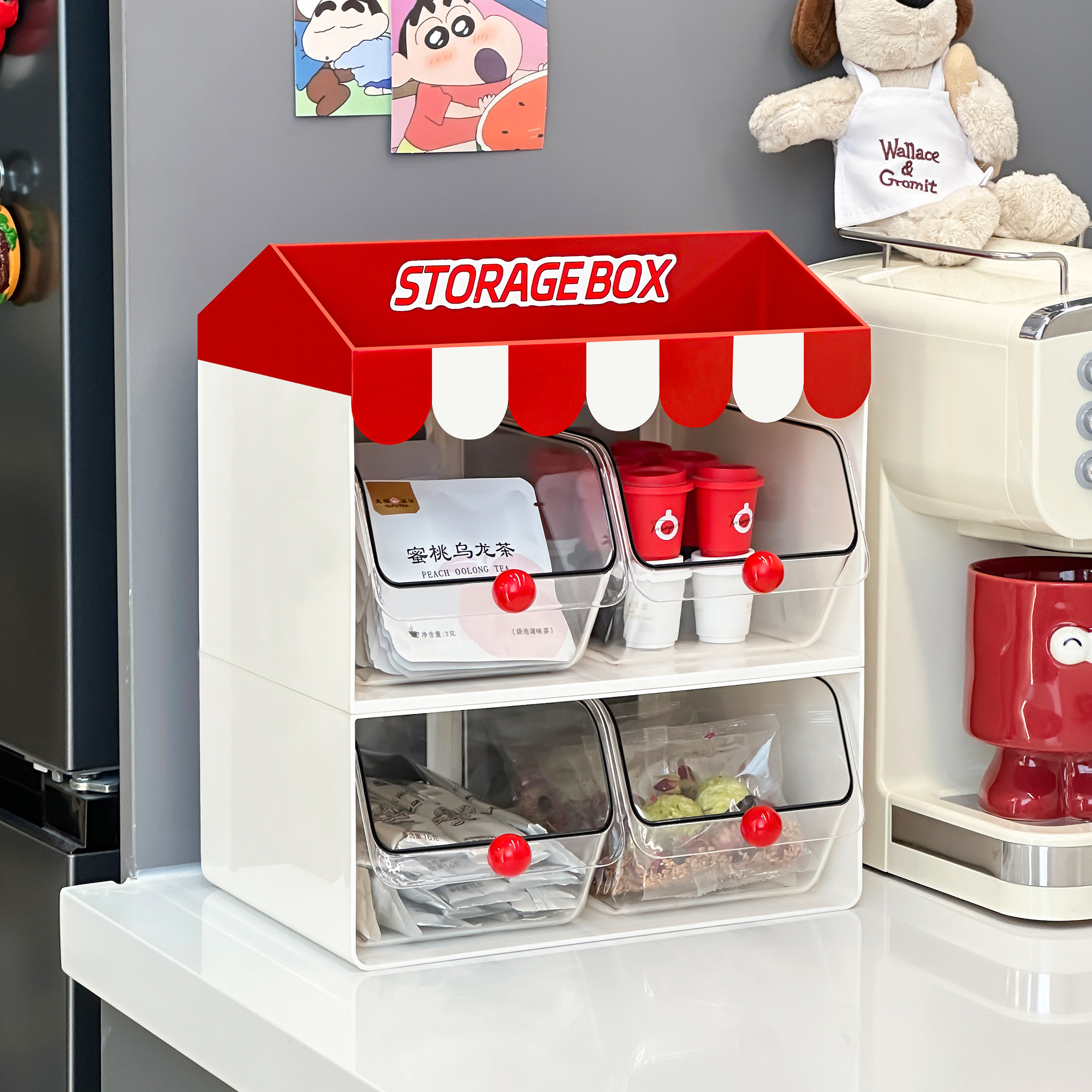 多巴胺新款小资风茶包彩球桌面文具收纳盒笔筒咖啡零食置物架