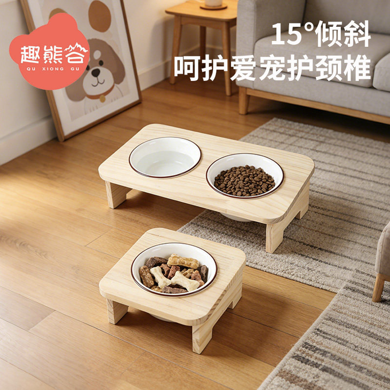 猫碗高脚猫咪喂食碗保护颈椎斜口狗碗可爱猫盆三碗陶瓷饮水宠物