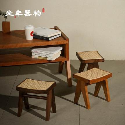 昌迪加尔藤编小方凳实木板凳换鞋凳儿童凳子客厅矮凳家用木头脚踏