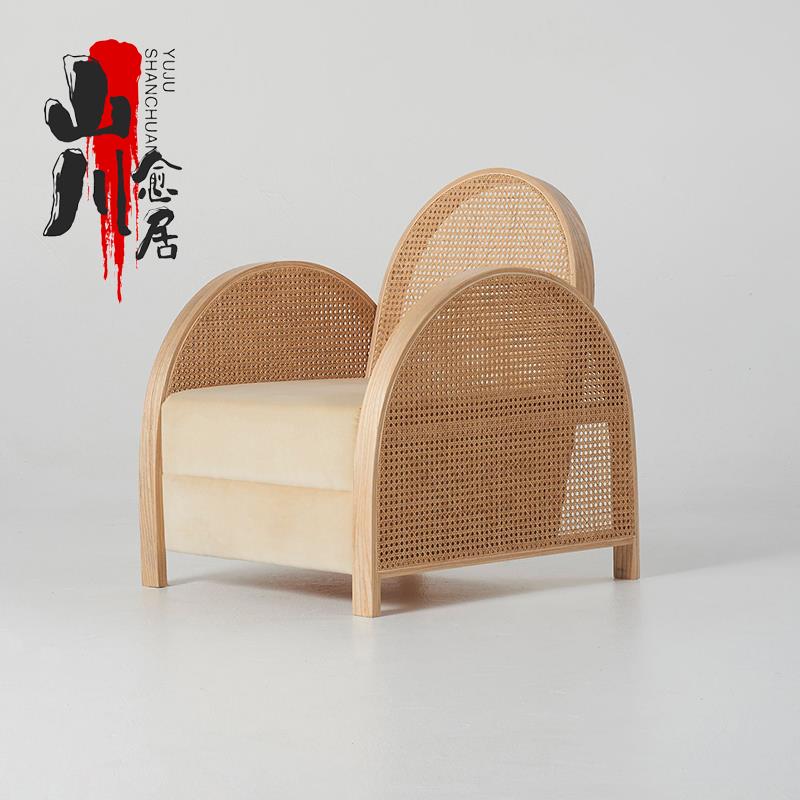 北欧实木藤编单人沙发椅简约现代设计师民宿咖啡厅酒店接待休闲椅