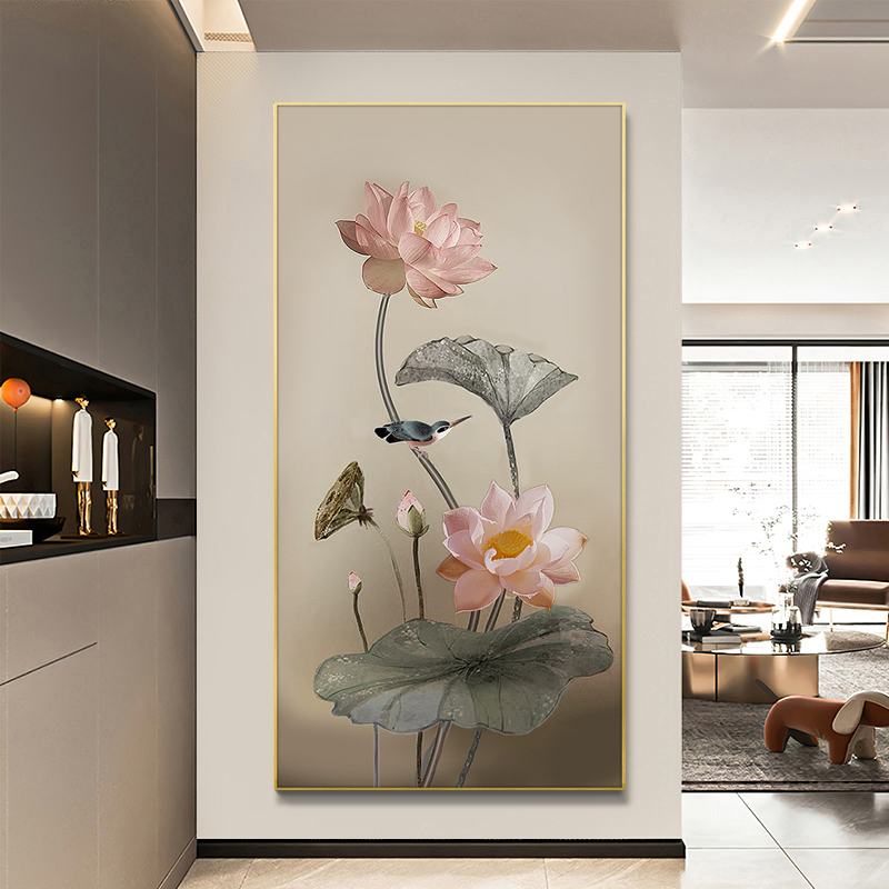 入户玄关装饰画竖版新中式挂画纯手绘油画荷莲花订制立体简约轻奢图片
