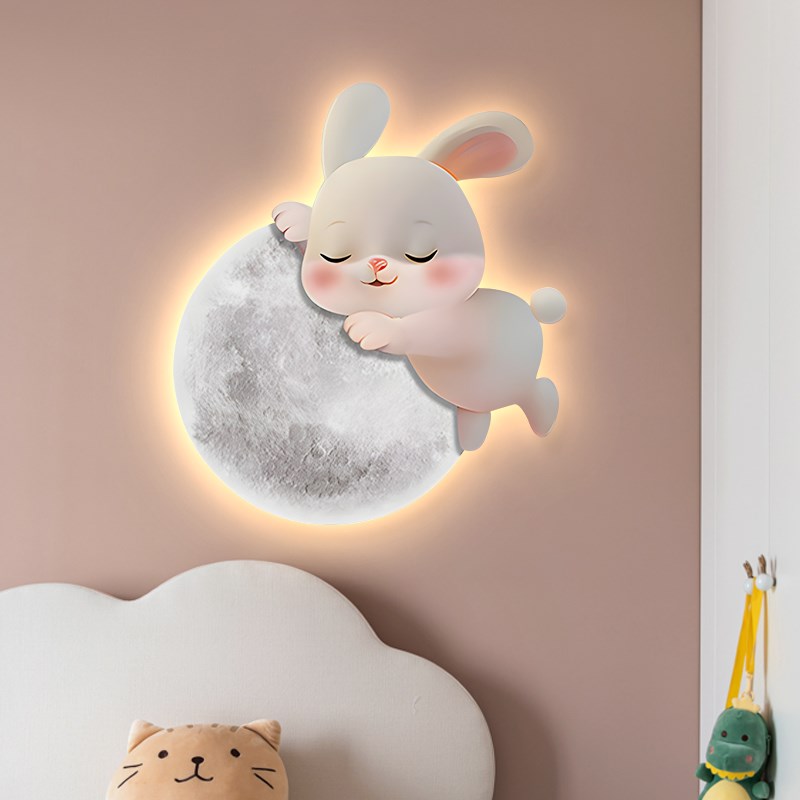 兔子月亮儿童房装饰画创意温馨女孩房间卧室背景墙床头挂画壁灯图片