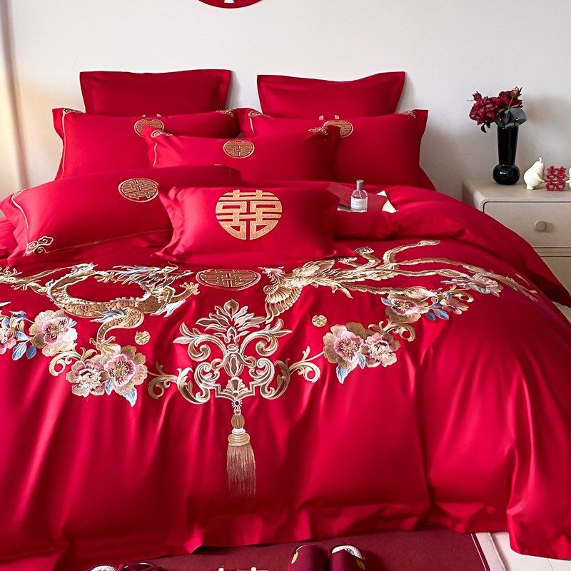 中式龙凤刺e绣婚庆四件套全棉被套大红色陪嫁送礼结婚床上用品,床上用品,婚庆床品套件,淘宝优惠券,粉丝福利购,淘宝优惠卷