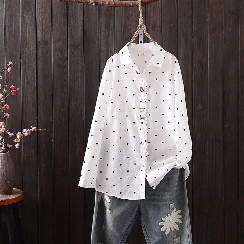 卡通装饰波点印花纯棉白衬衫女长袖春夏薄款日系甜美百Y搭打底衬