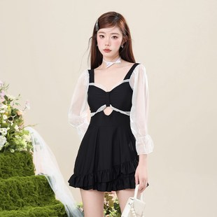 连体泳衣女保守显瘦l遮肚2024新款 少女游泳 海边度假长袖 平角裙式