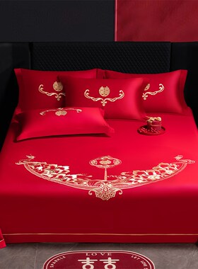 婚庆床单三件套j结婚红色全棉被单单件陪嫁龙凤刺绣80支长绒棉
