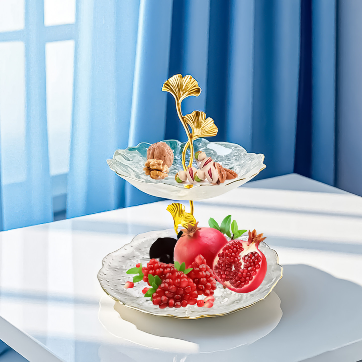 两层玻璃果盘三层水果盘组合欧式轻奢金边高档干果小吃盘蛋糕盘