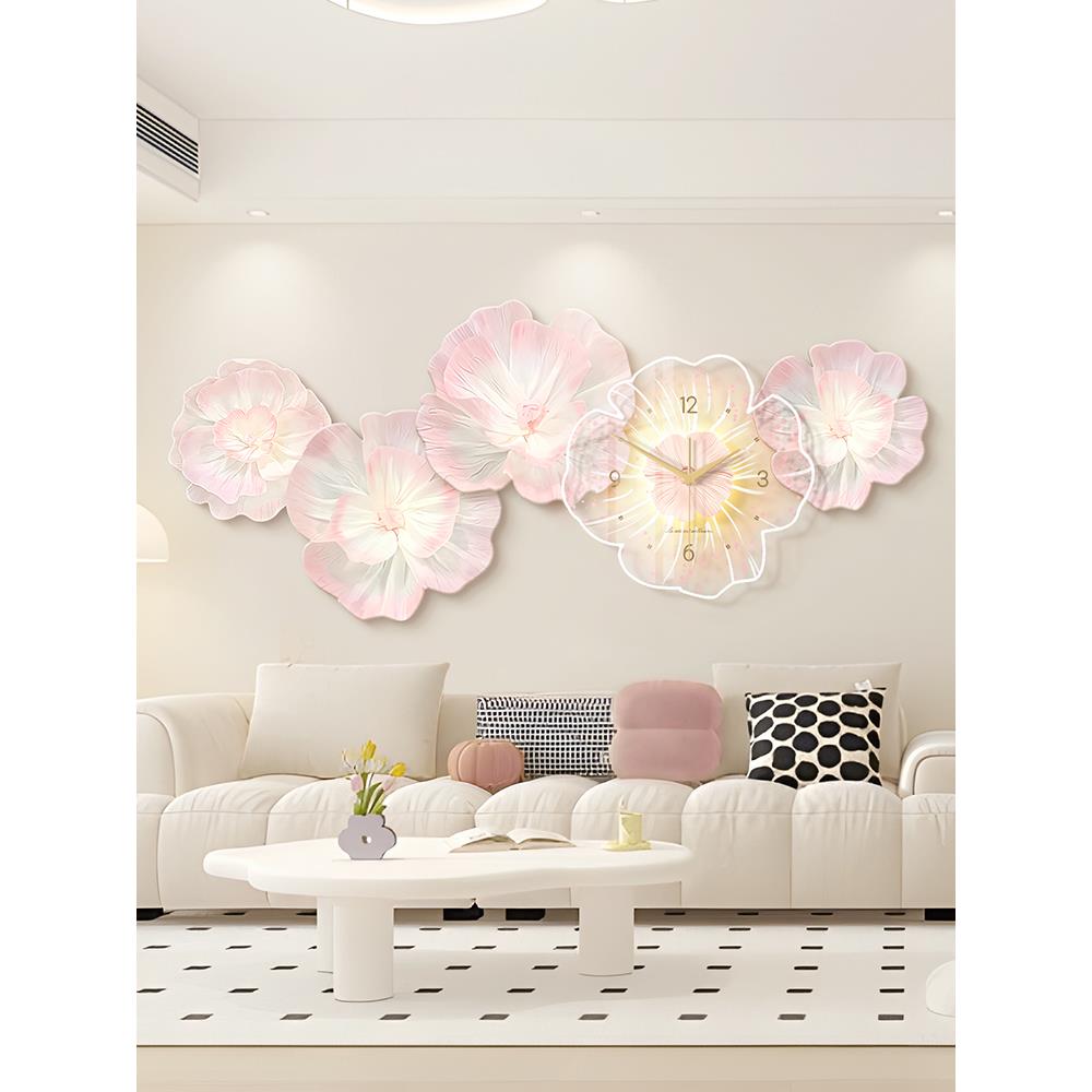 奶油牡丹花客厅沙发背景墙装饰画高级感钟表挂钟餐厅壁画艺术挂画图片