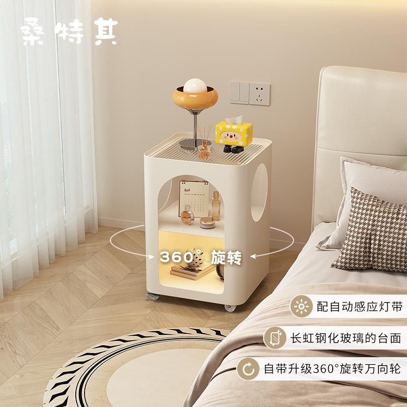 奶油风床头柜简约现代铁艺床边柜小型家用卧室床头小边几窄小桌子