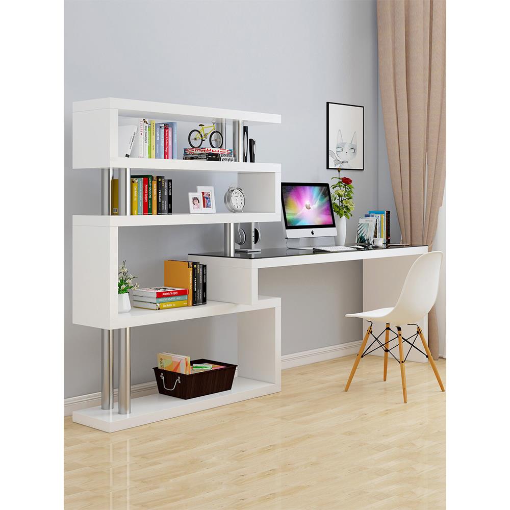 电脑台式桌子简约卧室转角书桌书架组合办公桌家用书柜一体写字桌