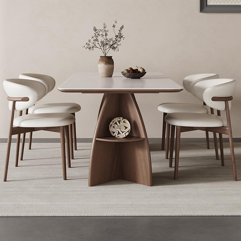 实木岩板餐桌现代简约胡桃色饭桌家用意式极简灰色长方形岩板餐桌