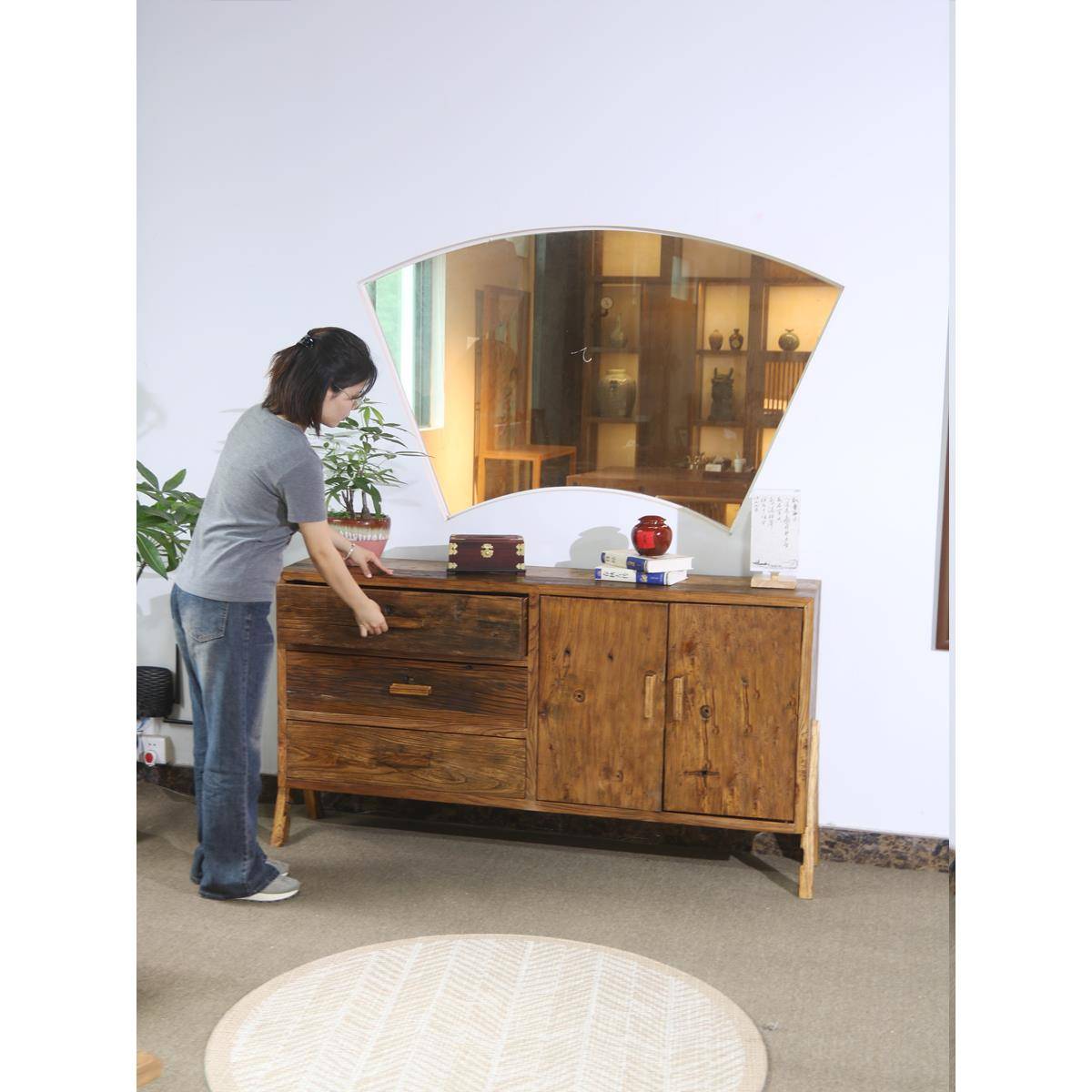 侘寂风实木餐边柜中古民宿茶庄老榆木斗柜储物茶水矮柜覆古玄关柜