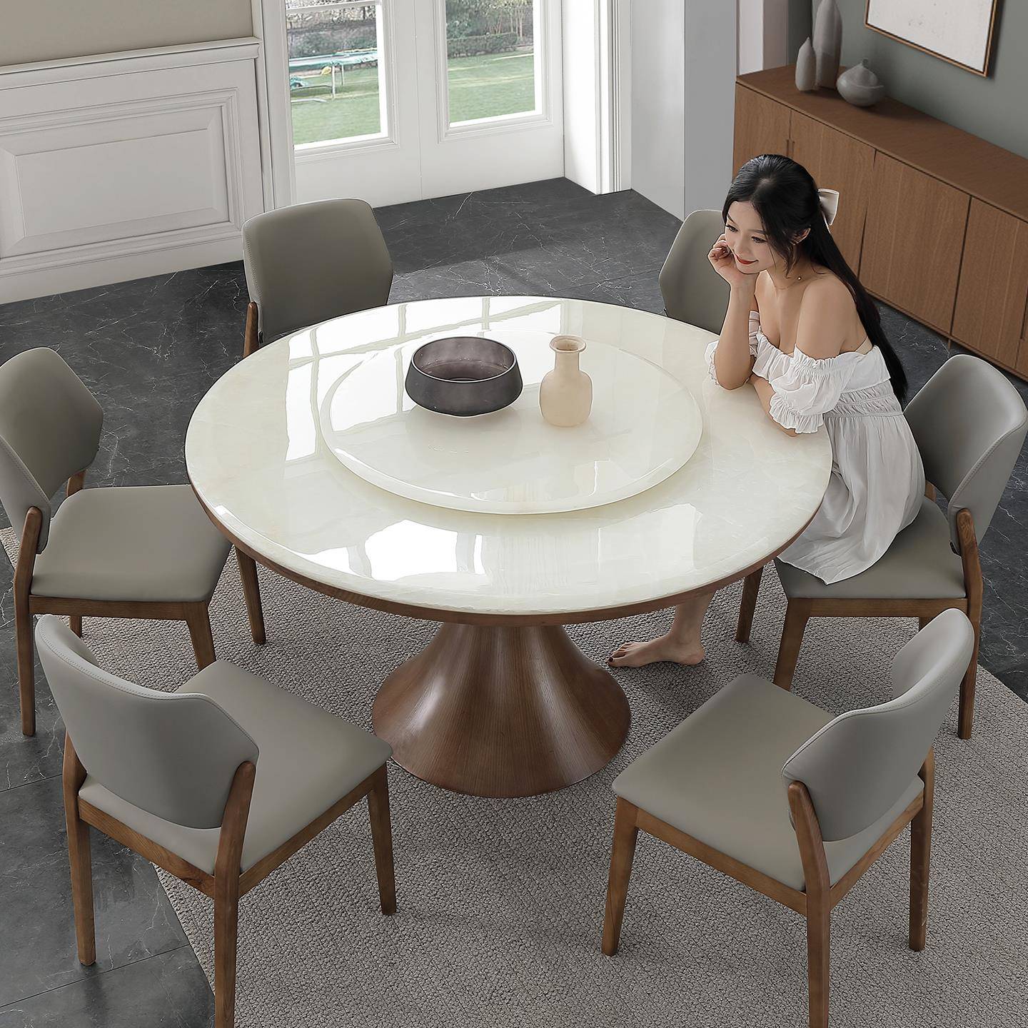 北欧风格实木餐桌8人用大理石圆形饭桌 天然大理石餐桌带转盘进口