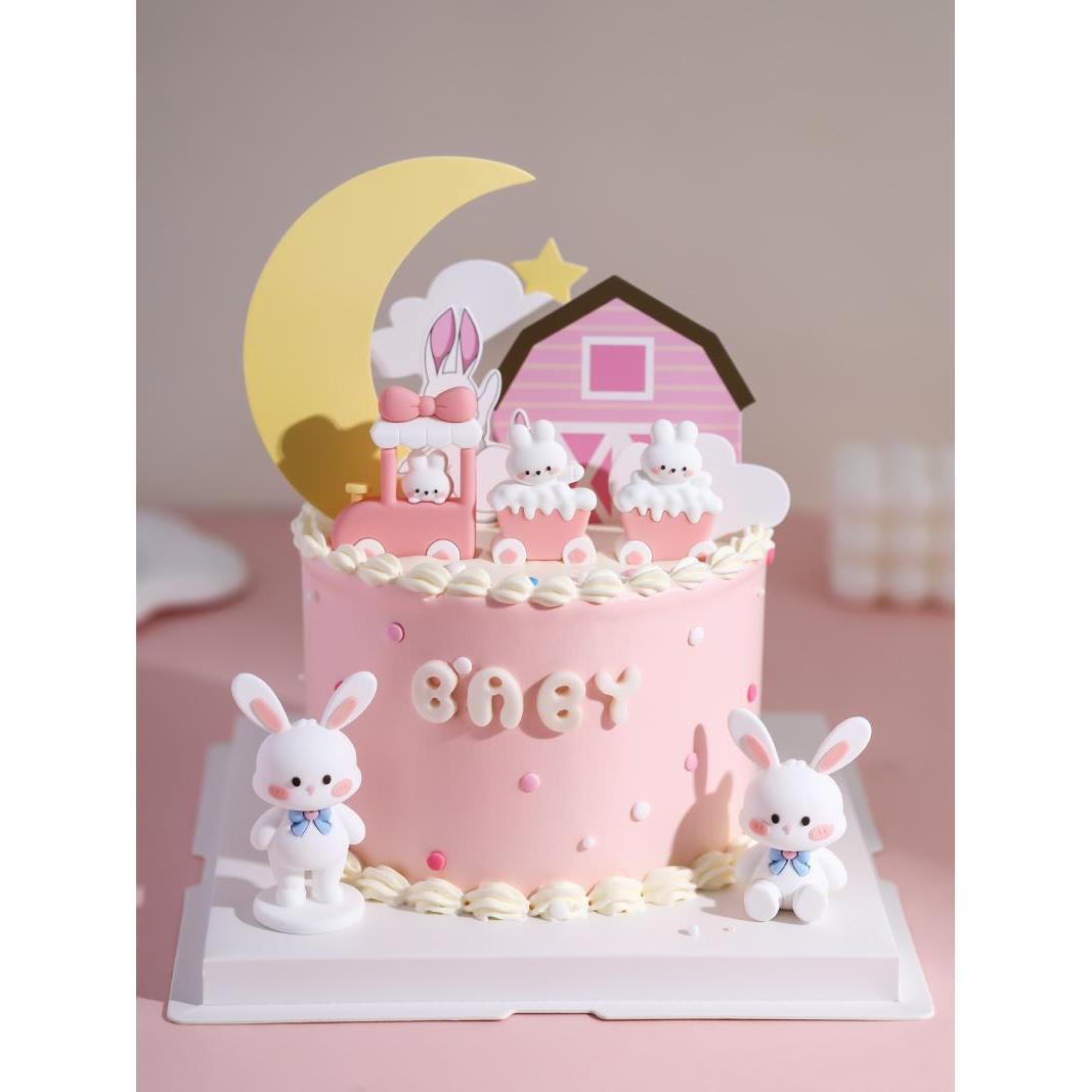 烘焙蛋糕装饰摆件 粉色小火车兔子月亮插卡可爱儿童生日装扮插件