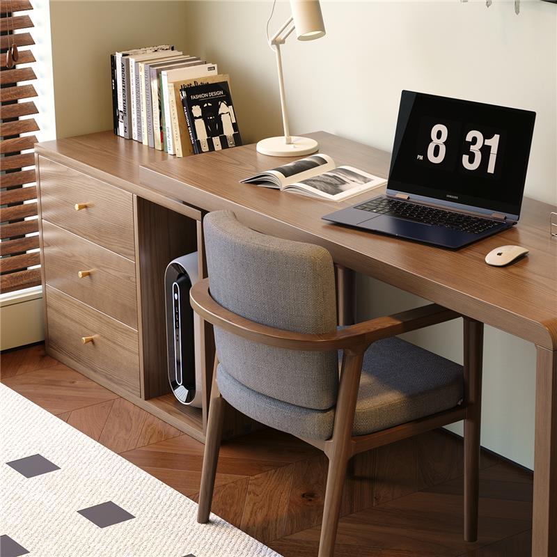 实木台式电脑办公桌学生家用卧室带抽屉长条靠墙书桌书柜一体桌子