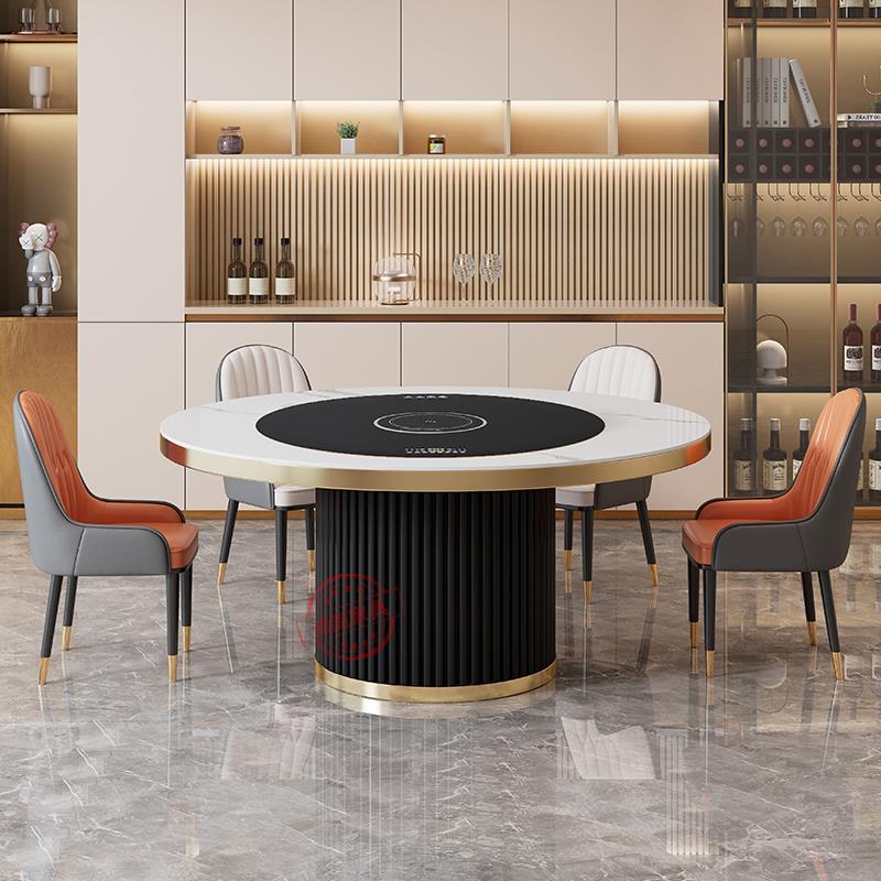 岩板餐桌家用小户型饭桌内嵌电动转盘电磁炉现代简约多功能圆桌子