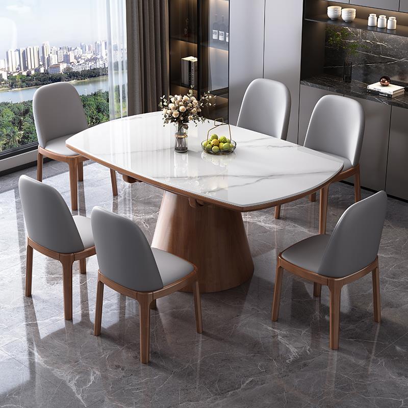 轻奢岩板实木餐桌椅组合现代简约转盘家用小户型北欧高端圆形饭桌