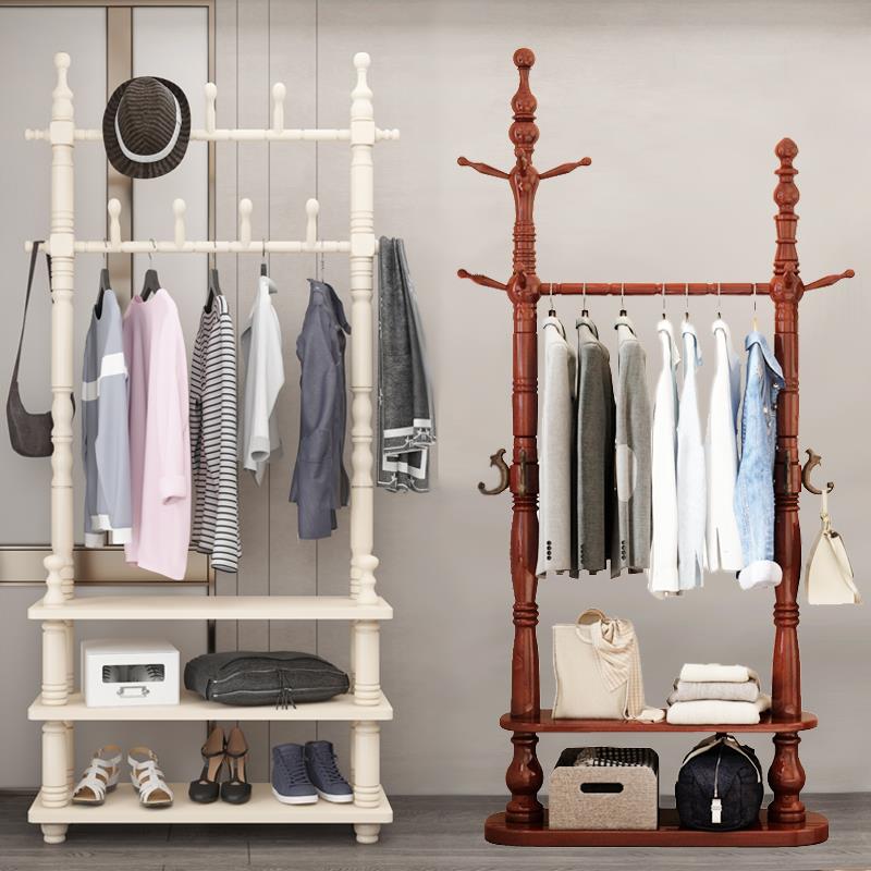 双杆落地衣架鞋架一体落地门口卧室实木鞋柜衣帽架欧式木质挂衣架
