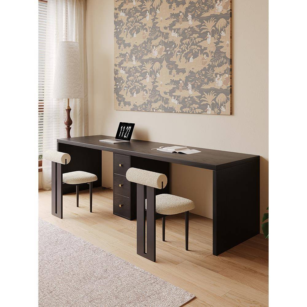 全实木客厅大长书桌轻奢现代书房一字长条桌靠墙双人学习桌带抽屉