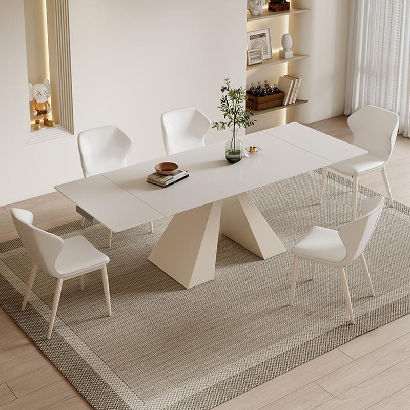 进口可伸缩岩板餐桌椅组合纯白色奶油风现代简约家用长方形侘寂风
