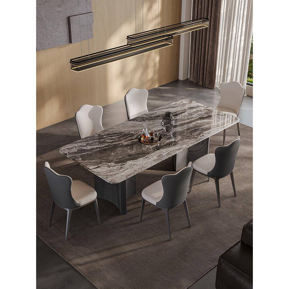 进口天然威尼斯棕色豪华石材餐桌轻奢典雅长方形家用大理石餐桌椅